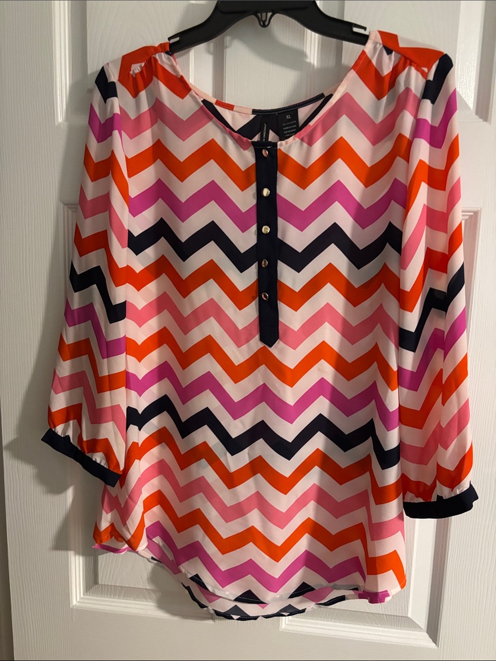 new directions Chevron Print 3/4 Sleeve Blouse - Pink, Orange & Navy